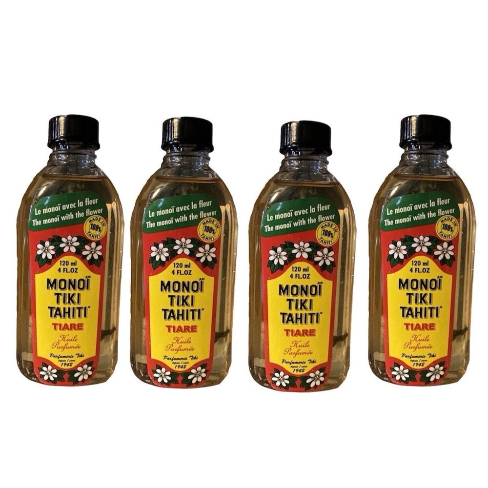 Monoi Tiki Tahiti Coconut Oil LOT 4 Tiare Tropical Gardenia Body Face Hair 4 oz